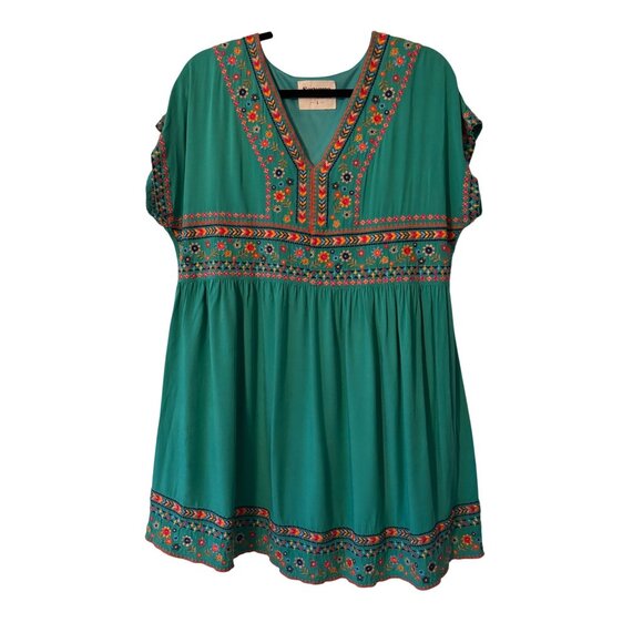 Savanna Jane Dresses & Skirts - Savanna Jane Womens Embroidered Boho Tunic Dress Green Floral V-Neck  L